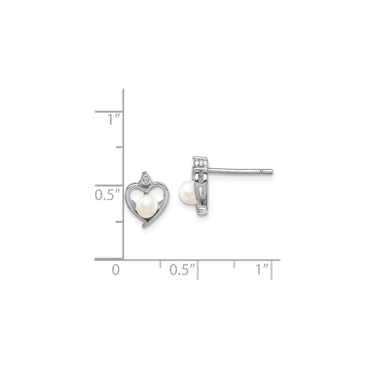 Sterling Silver Stud Earrings with White Pearl and Diamond, Open Heart Design for Women