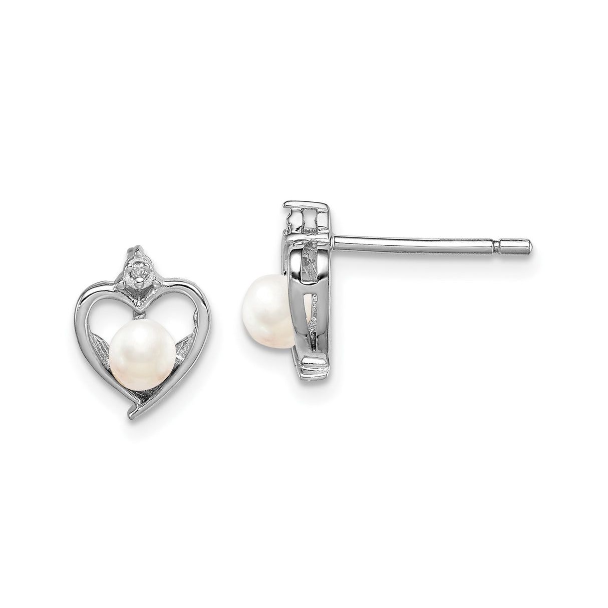 Sterling Silver Stud Earrings with White Pearl and Diamond, Open Heart Design for Women