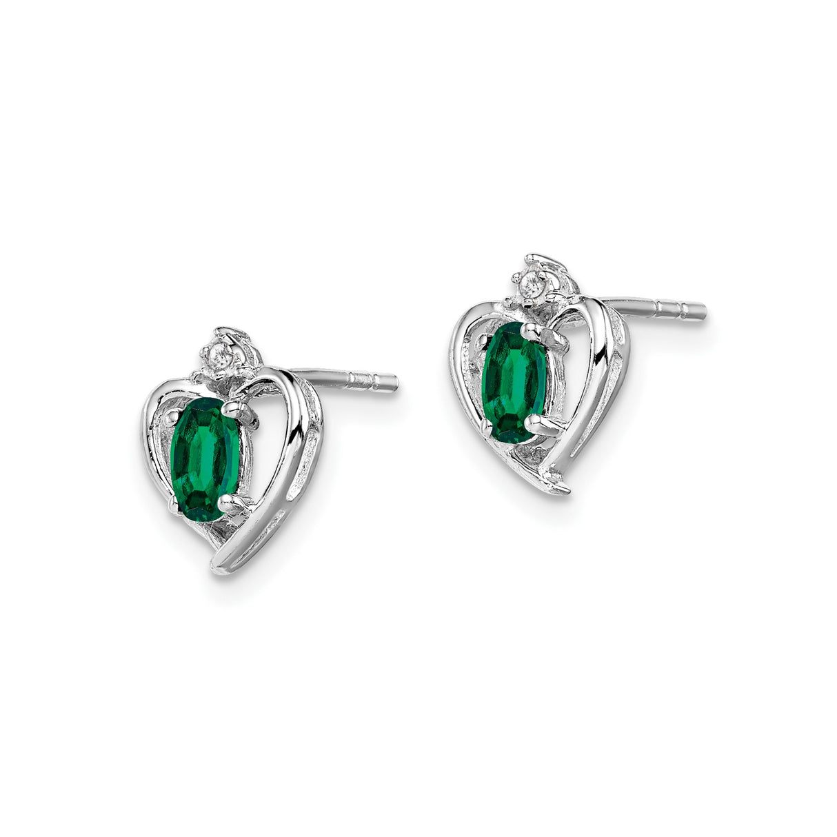 Sterling Silver Heart Stud Earrings with Emerald and Diamond Accents for Women