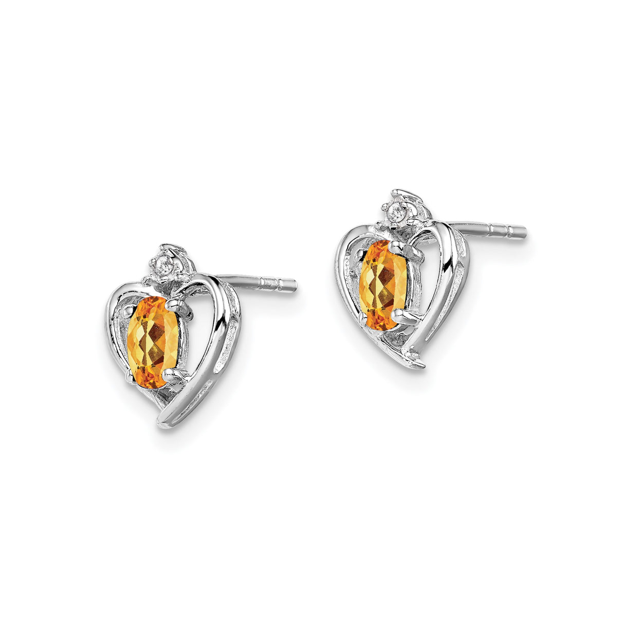 Sterling Silver Heart Stud Earrings with Citrine and Diamond Accents, Open Heart Design