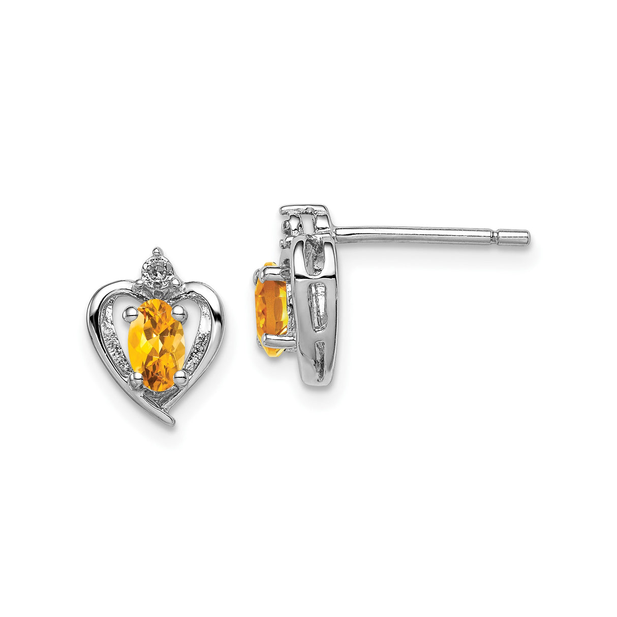 Sterling Silver Heart Stud Earrings with Citrine and Diamond Accents, Open Heart Design