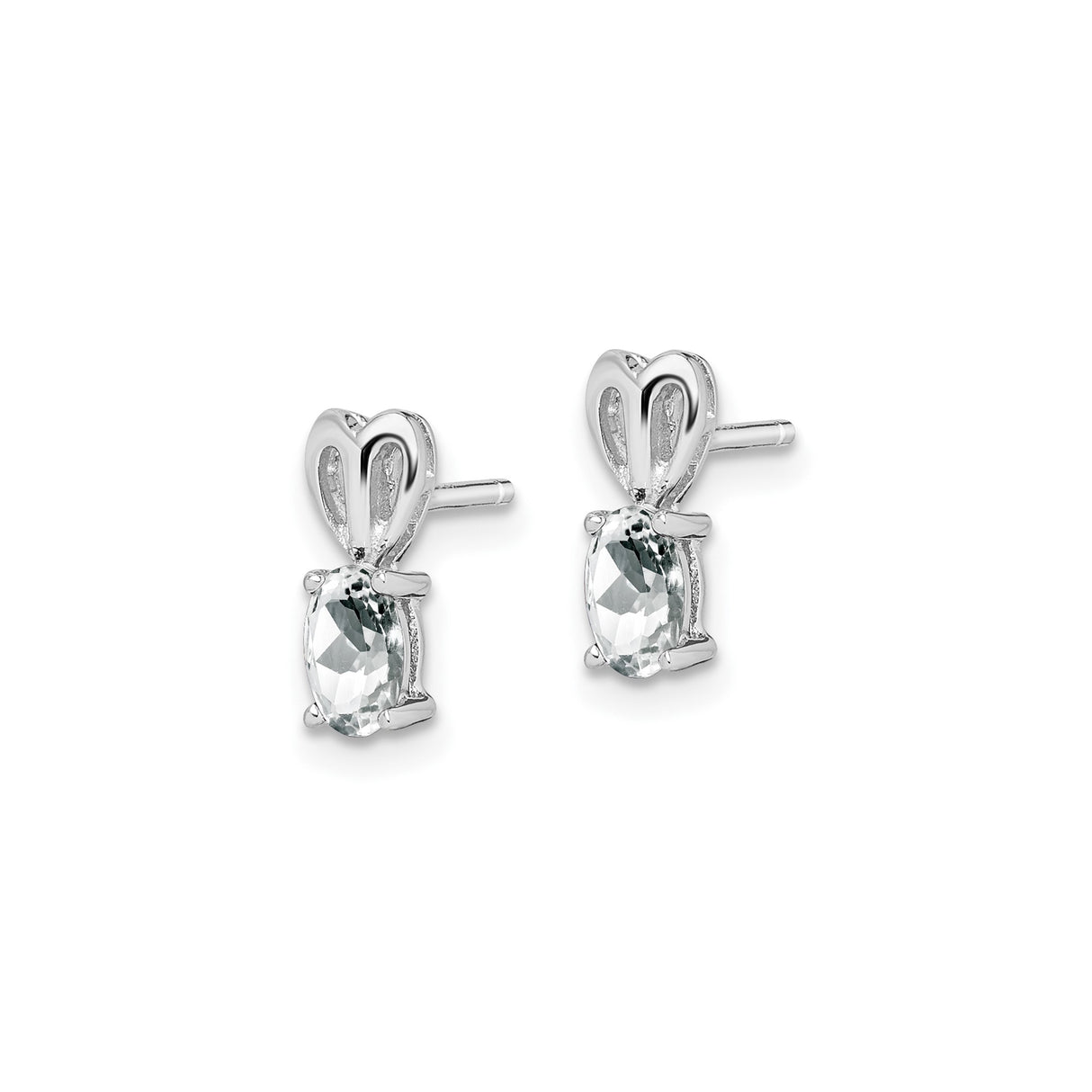Sterling Silver Heart Shaped Stud Earrings with White Topaz Oval Gemstones