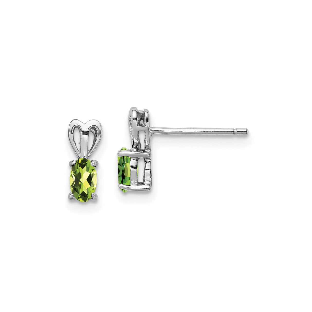 Sterling Silver Peridot Stud Earrings with Oval Cut Stone and Heart Design for Women