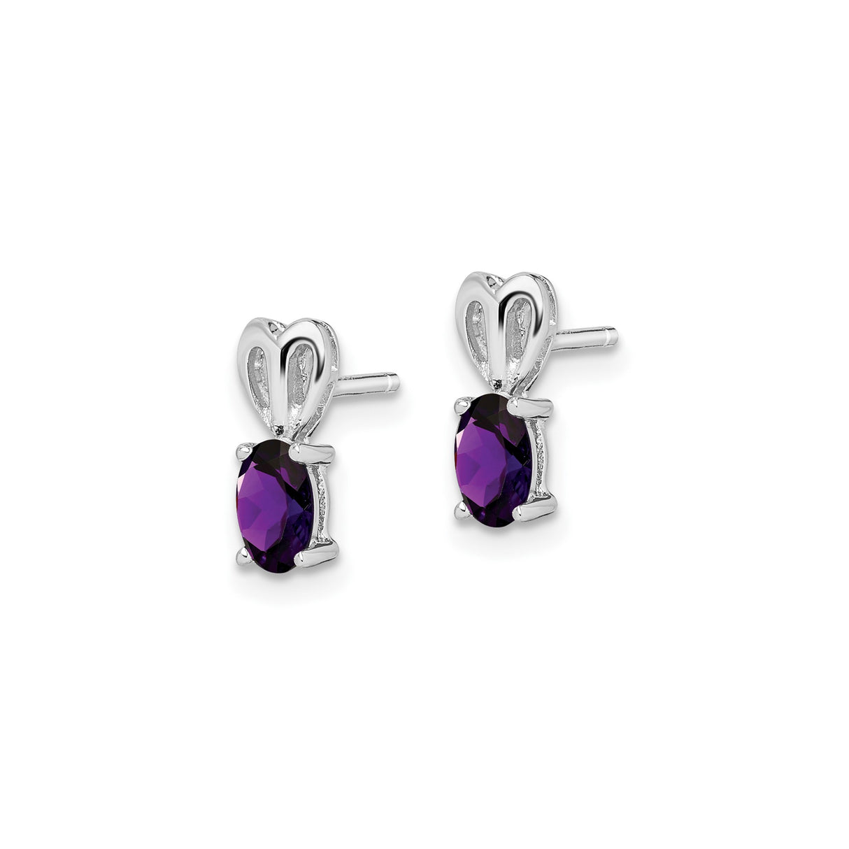 Sterling Silver Heart Stud Earrings with Amethyst Oval Gemstone Accents