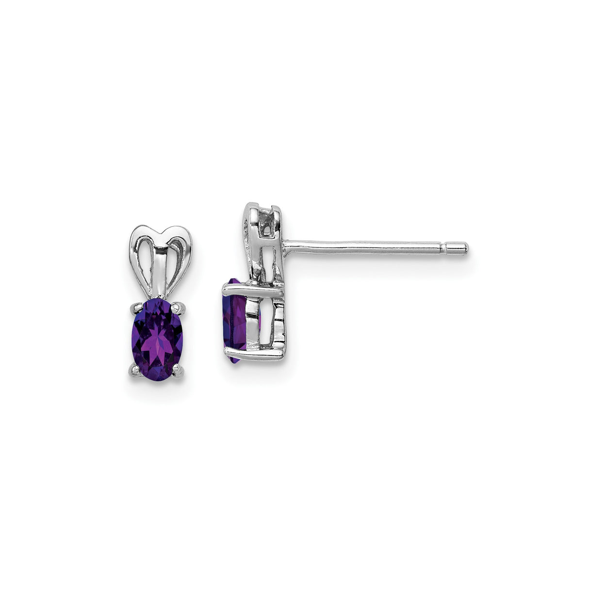 Sterling Silver Heart Stud Earrings with Amethyst Oval Gemstone Accents