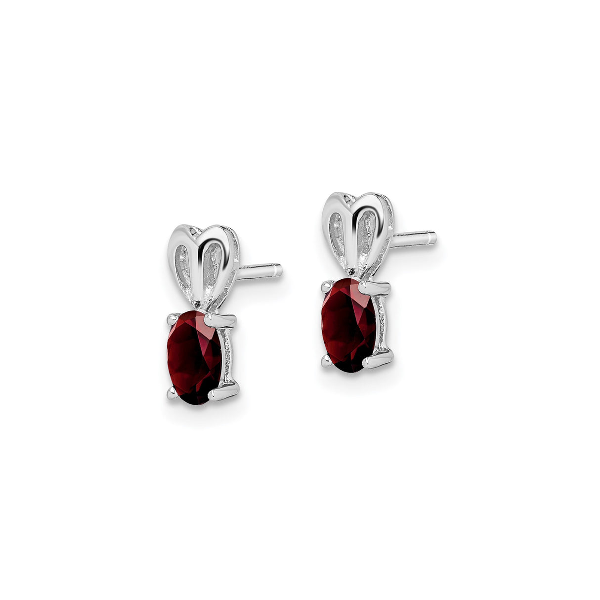 Sterling Silver Heart Shaped Stud Earrings with Oval Garnet Gemstone