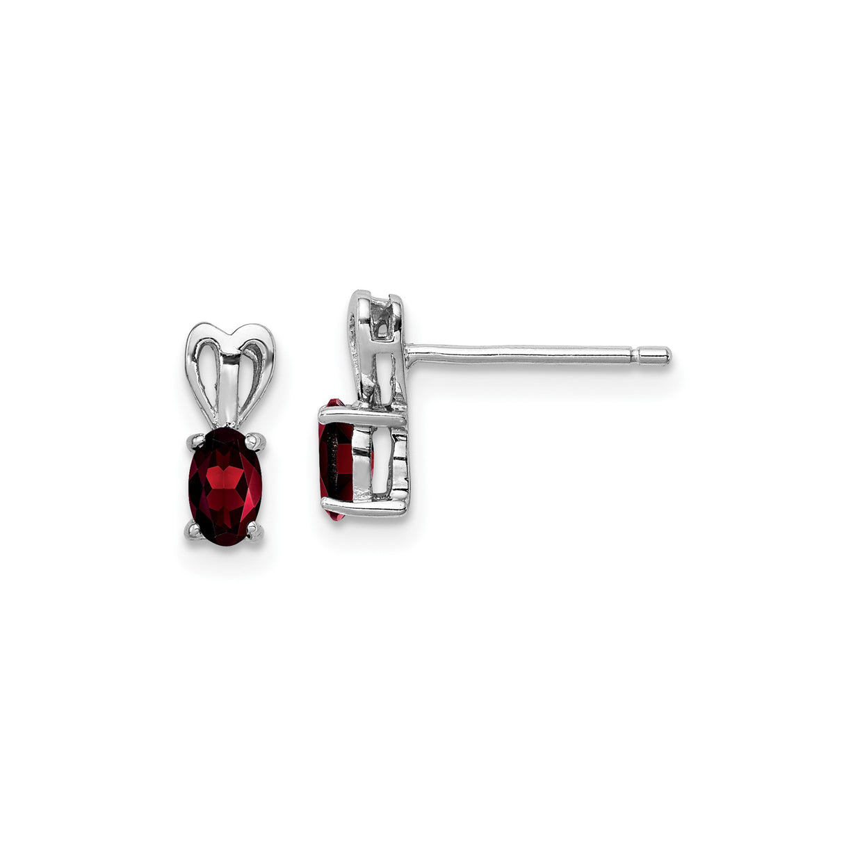 Sterling Silver Heart Shaped Stud Earrings with Oval Garnet Gemstone