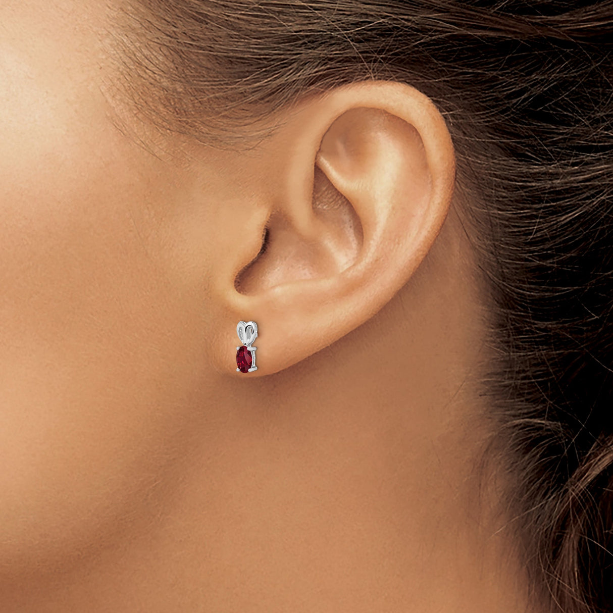 Sterling Silver Heart Shaped Stud Earrings with Created Ruby Oval Gemstones for Women