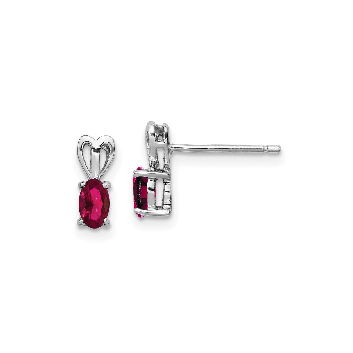 Sterling Silver Heart Shaped Stud Earrings with Created Ruby Oval Gemstones for Women