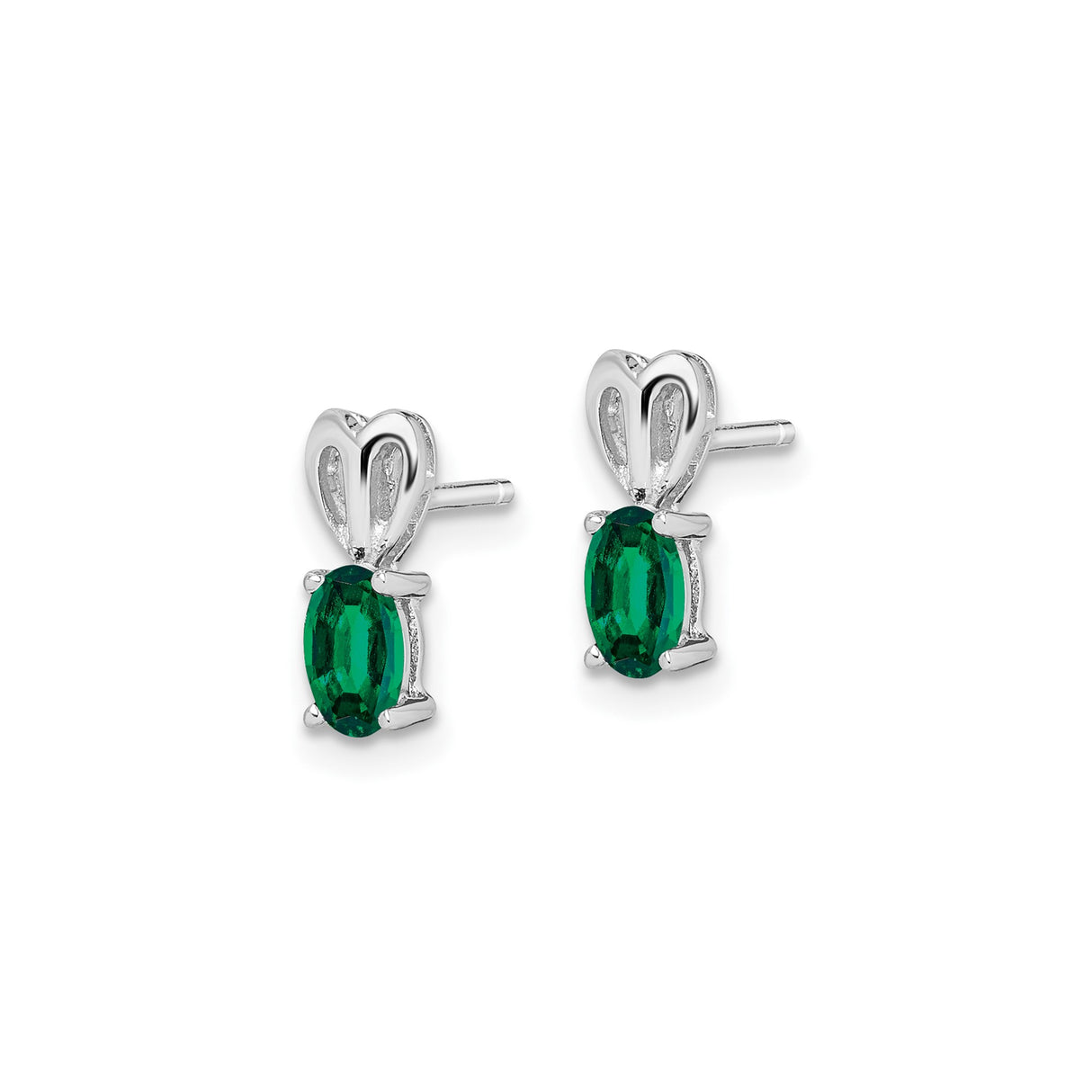 Sterling Silver Heart Stud Earrings with Created Emerald Oval Gemstones