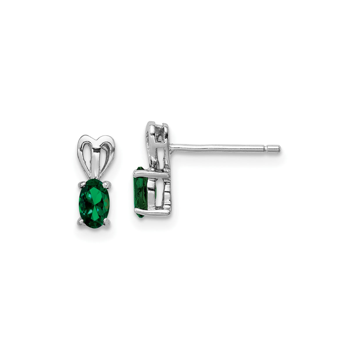 Sterling Silver Heart Stud Earrings with Created Emerald Oval Gemstones