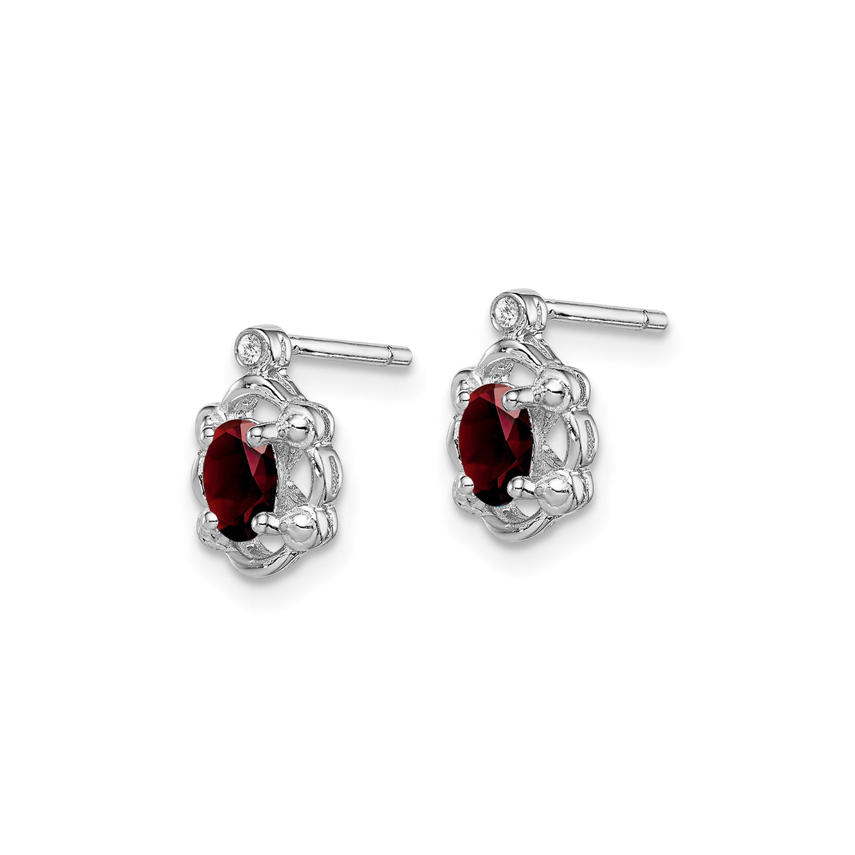 Sterling Silver Stud Earrings with Oval Garnet and Diamond, Vintage Floral Design