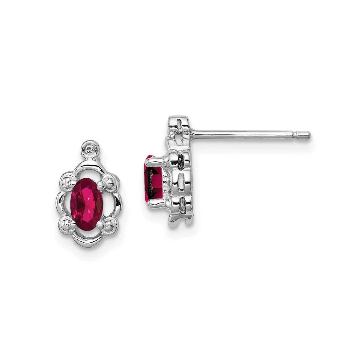 Sterling Silver Stud Earrings with Created Ruby and Diamond, Floral Design
