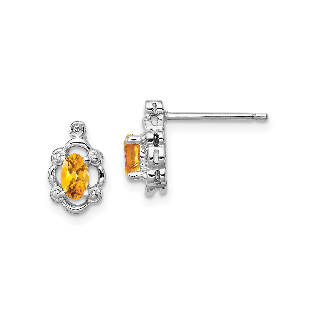 Sterling Silver Citrine Stud Earrings with Floral Frame and Diamond Accents for Women