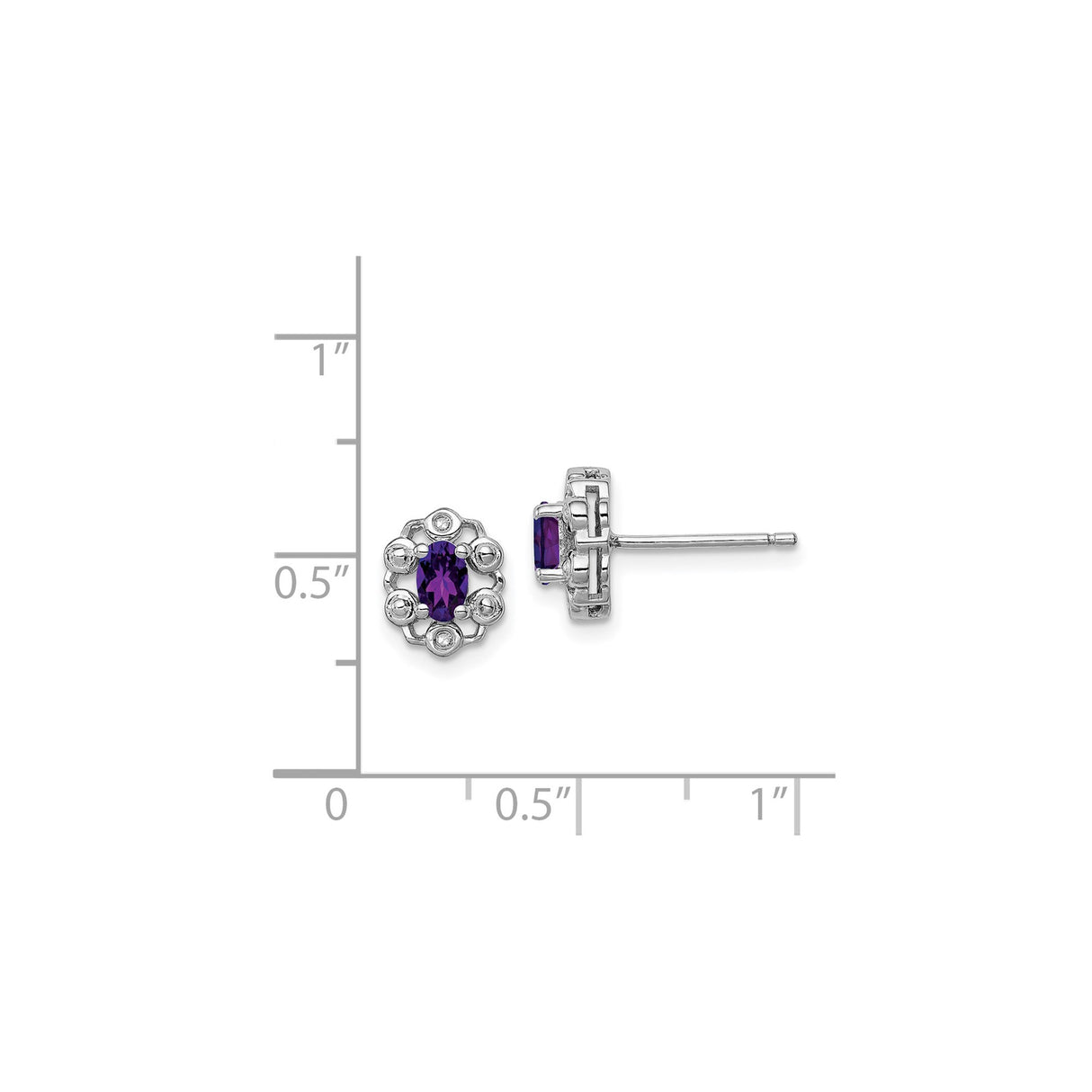 Sterling Silver Stud Earrings with Oval Amethyst and Diamond Accents, Floral Vintage Style