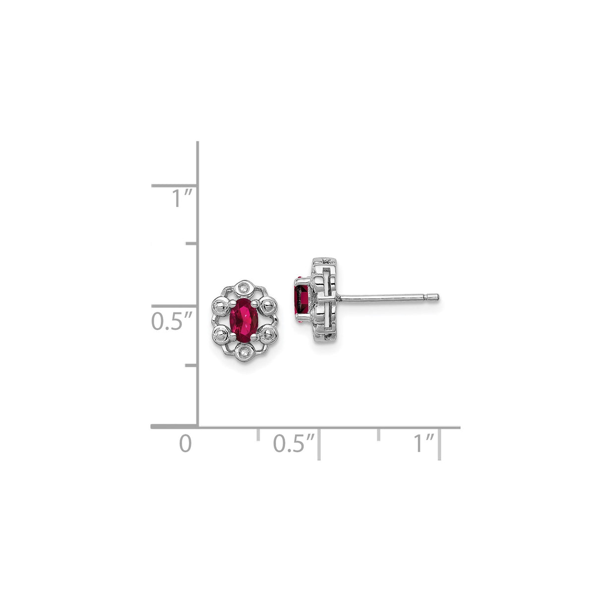 Sterling Silver Stud Earrings with Created Ruby, Floral Border and Diamond Accents