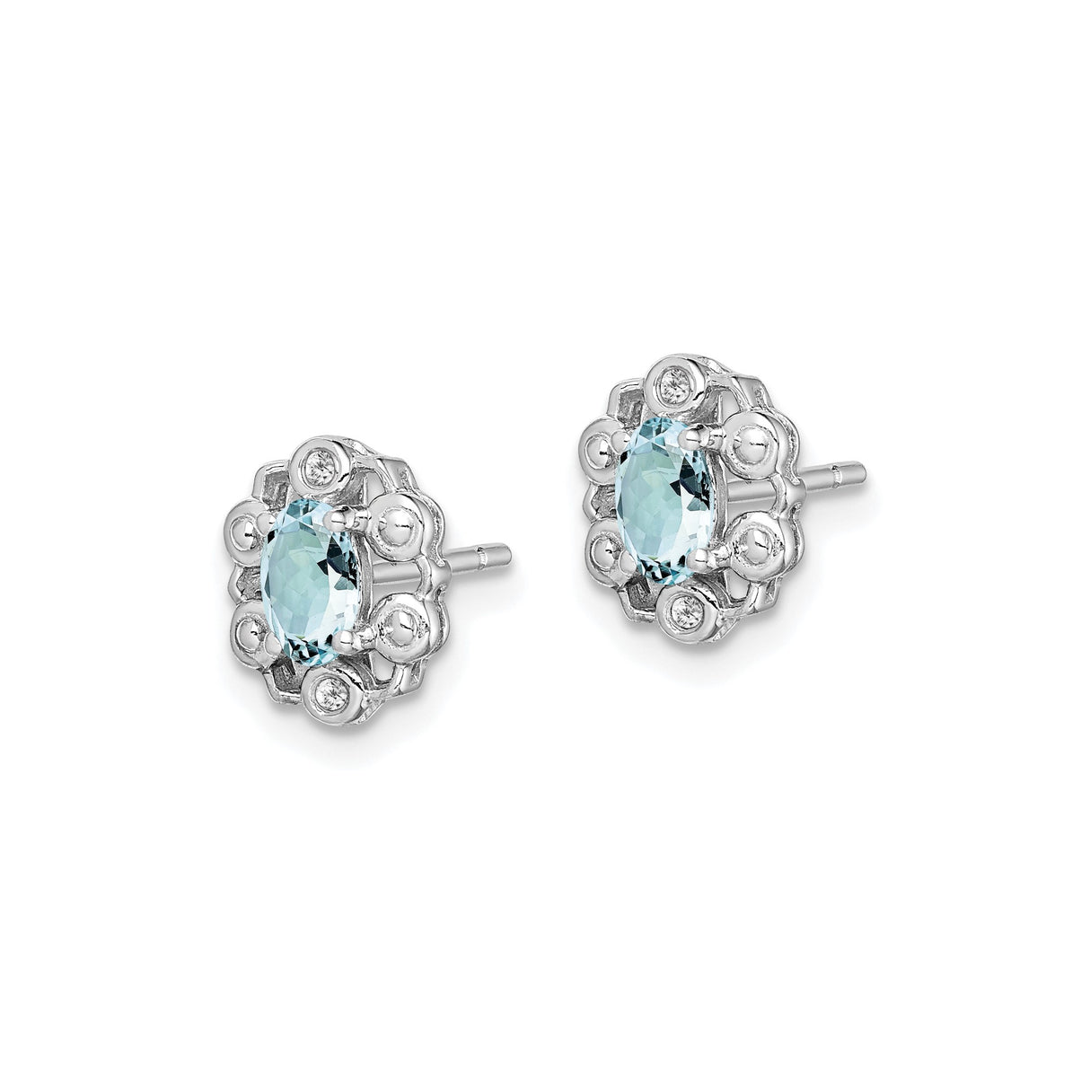 Sterling Silver Stud Earrings with Oval Aquamarine and Diamond, Vintage Floral Filigree Design