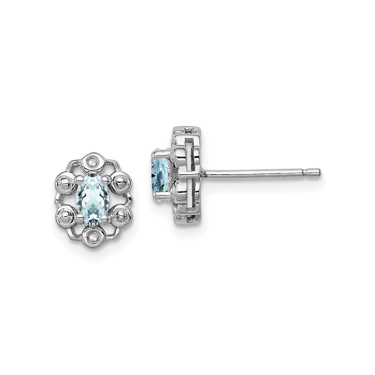 Sterling Silver Stud Earrings with Oval Aquamarine and Diamond, Vintage Floral Filigree Design