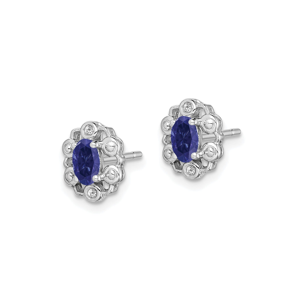 Sterling Silver Stud Earrings with Created Sapphire and Diamond, Oval Floral Design