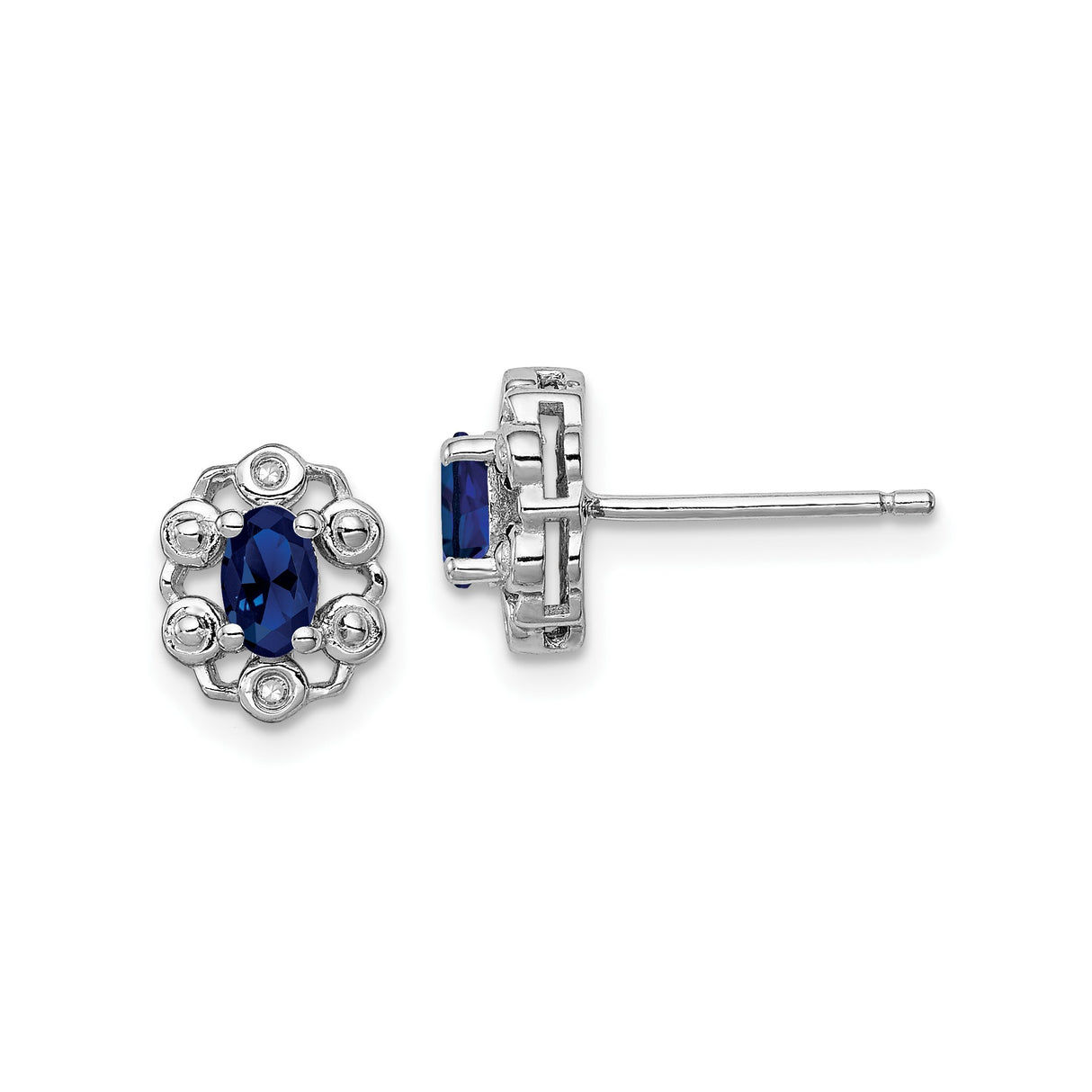 Sterling Silver Stud Earrings with Created Sapphire and Diamond, Oval Floral Design