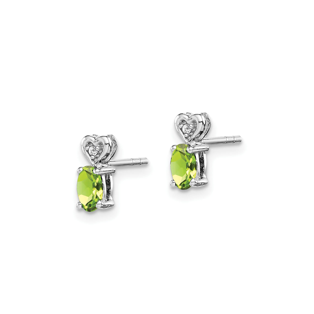 Sterling Silver Heart Stud Earrings with Oval Peridot and Diamond Accents