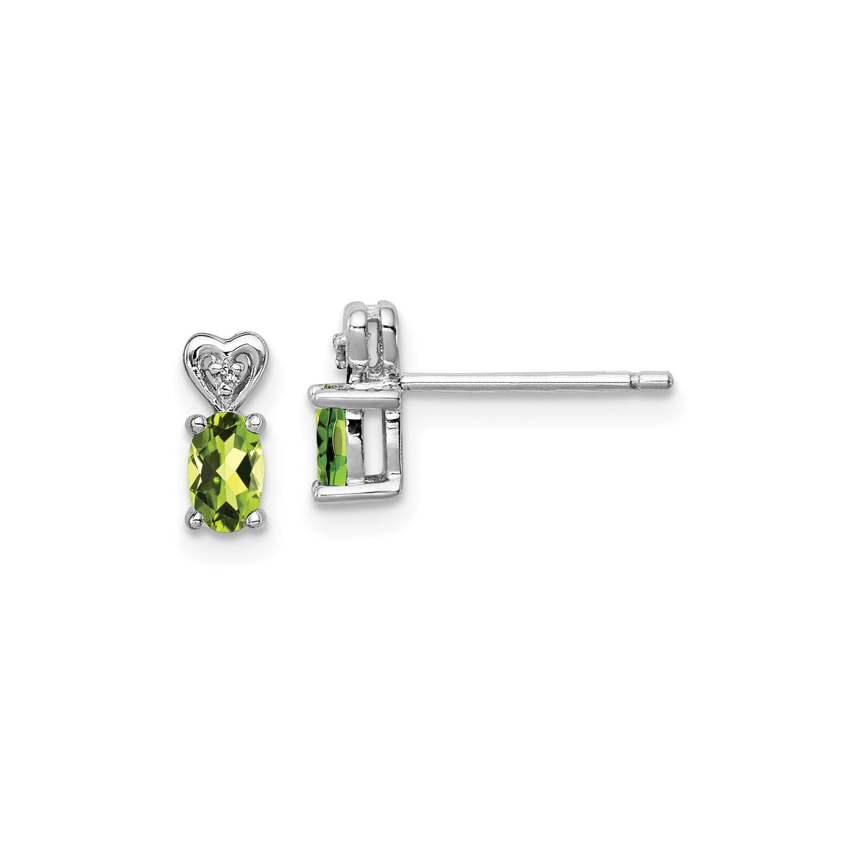 Sterling Silver Heart Stud Earrings with Oval Peridot and Diamond Accents