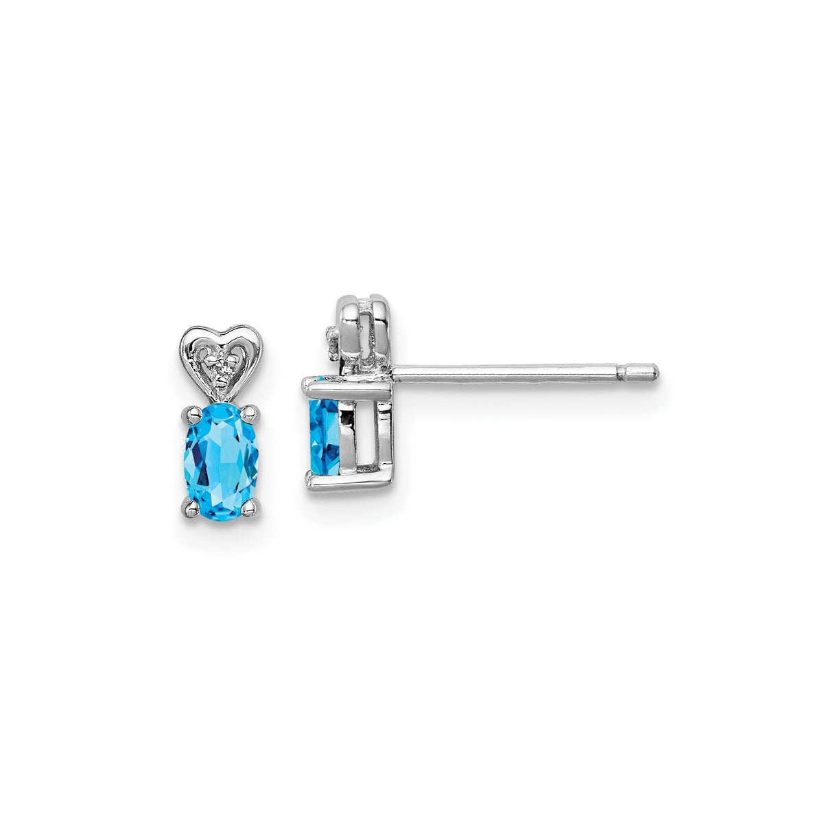 Sterling Silver Heart Stud Earrings with Swiss Blue Topaz and Diamond