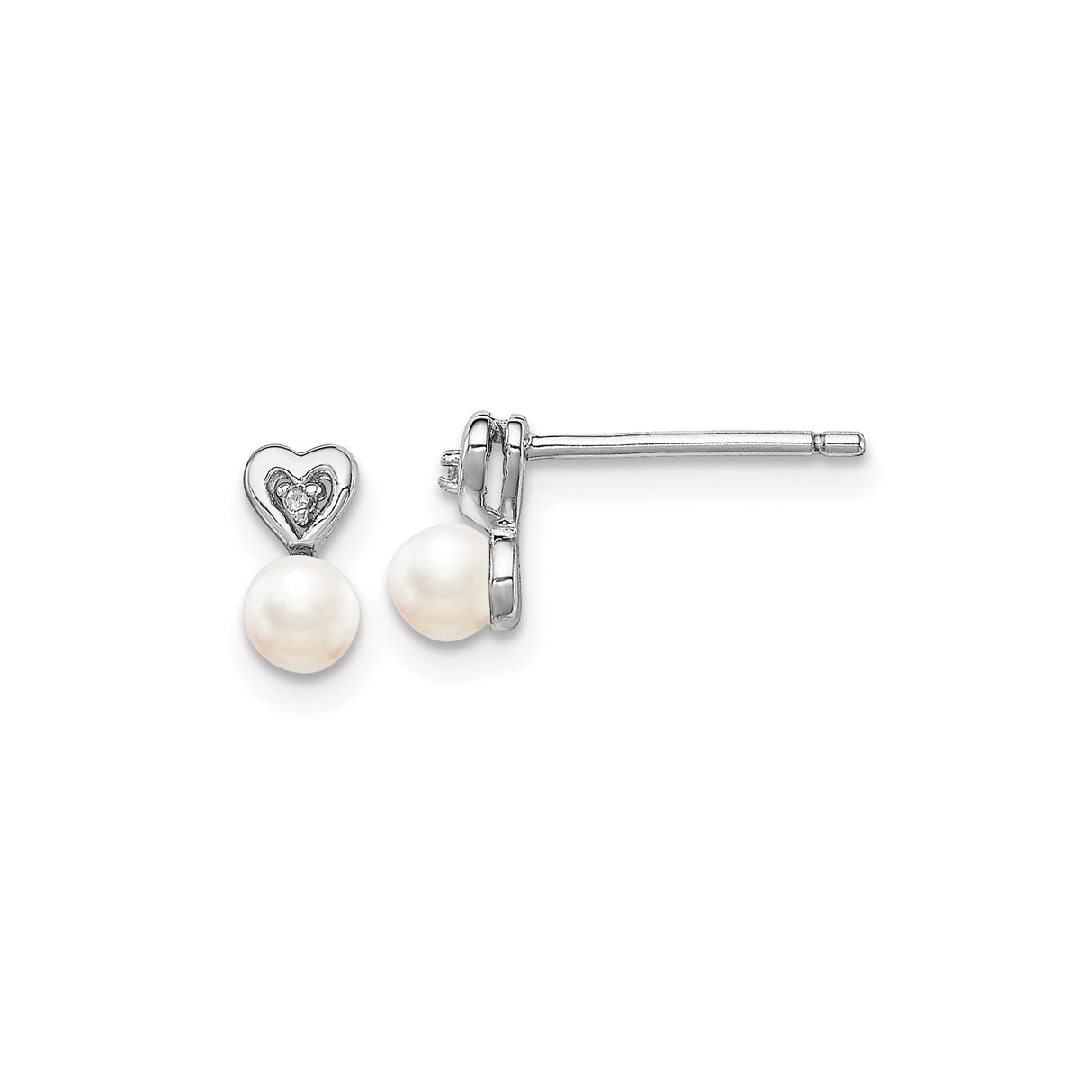 Sterling Silver Heart Earrings with White Pearl Drop and Diamond Accent