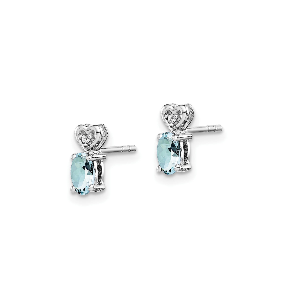 Sterling Silver Heart Stud Earrings with Aquamarine and Diamond Accents