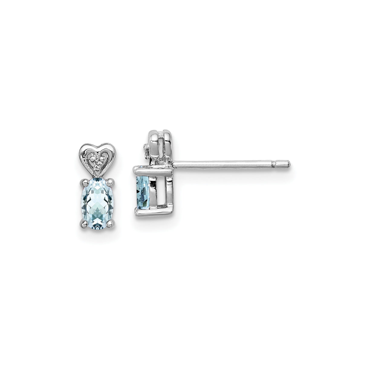 Sterling Silver Heart Stud Earrings with Aquamarine and Diamond Accents