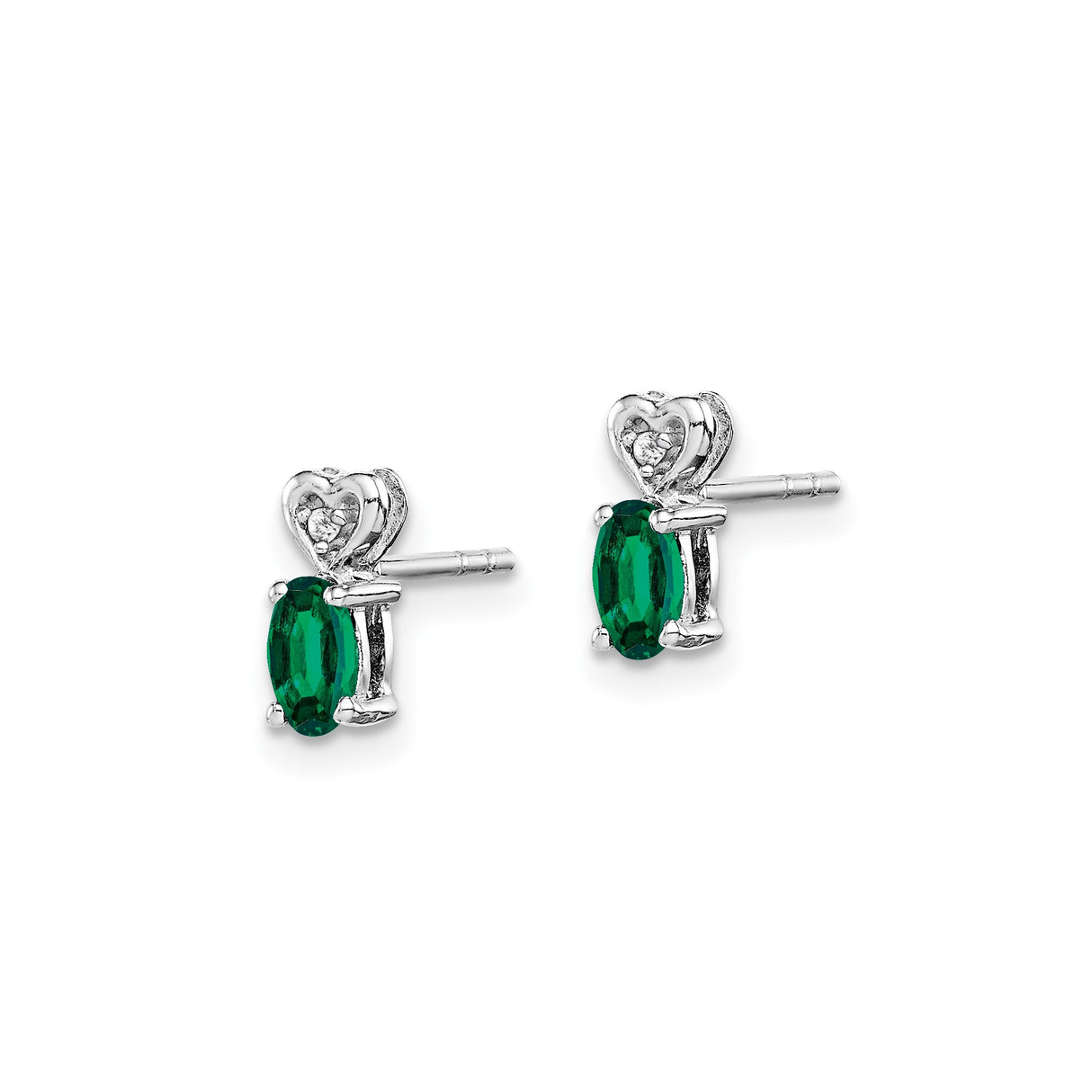 Sterling Silver Stud Earrings with Created Emerald and Diamond Accents, Heart Design, Romantic Fine Jewelry