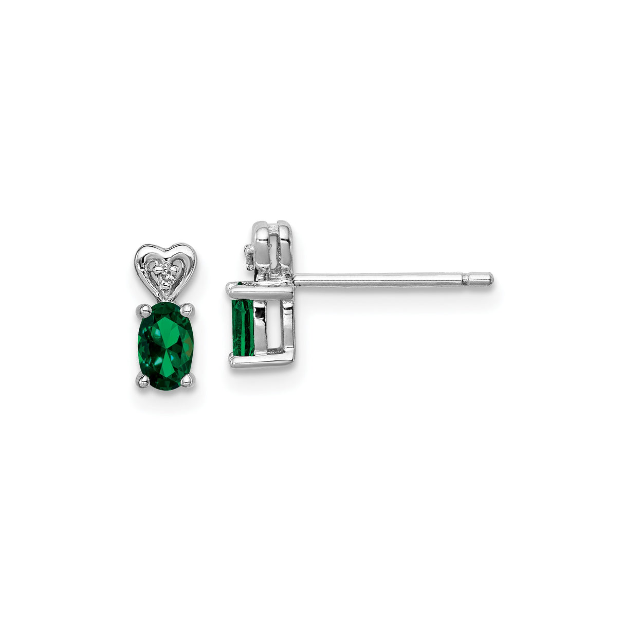 Sterling Silver Stud Earrings with Created Emerald and Heart Design, Romantic Fine Jewelry