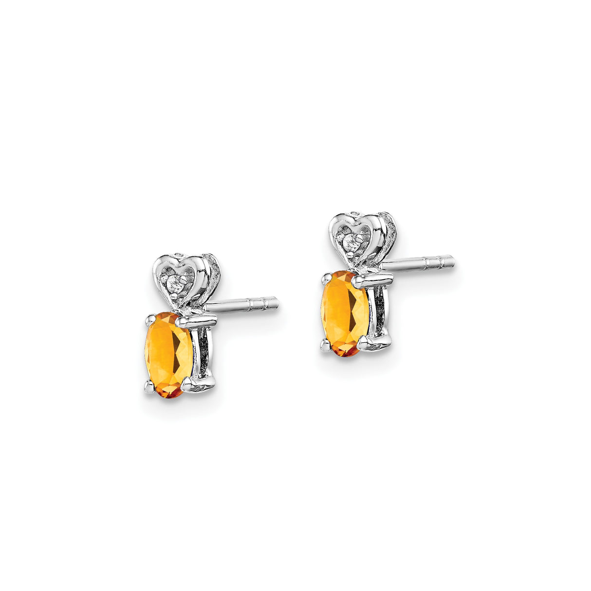 Sterling Silver Heart Stud Earrings with Oval Citrine and Diamond Accents