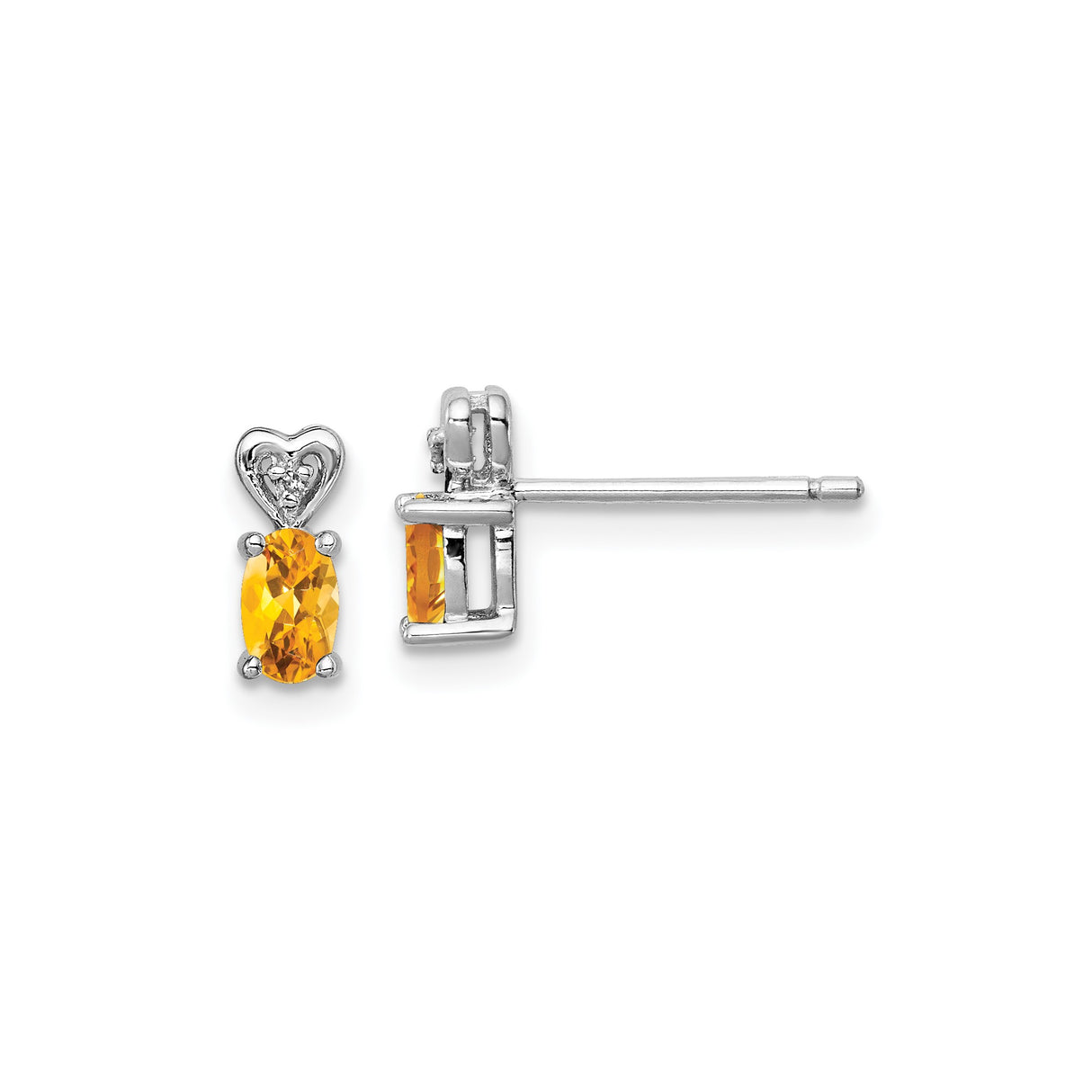 Sterling Silver Heart Stud Earrings with Oval Citrine and Diamond Accents
