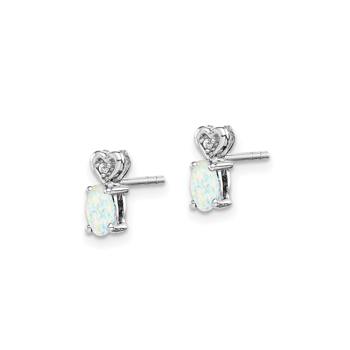 Sterling Silver Opal Stud Earrings with Heart Motif and Diamond Accents