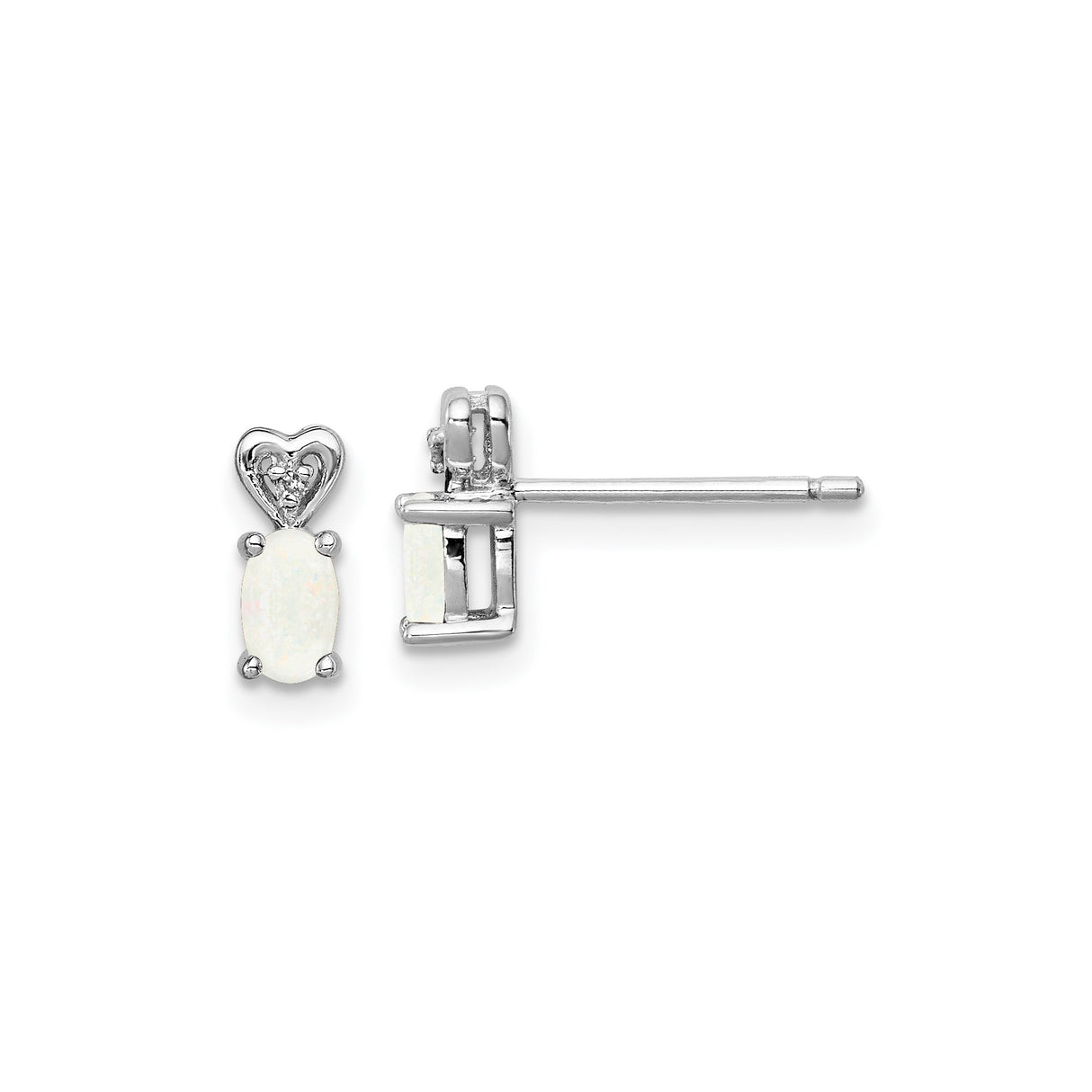 Sterling Silver Opal Stud Earrings with Heart Motif and Diamond Accents