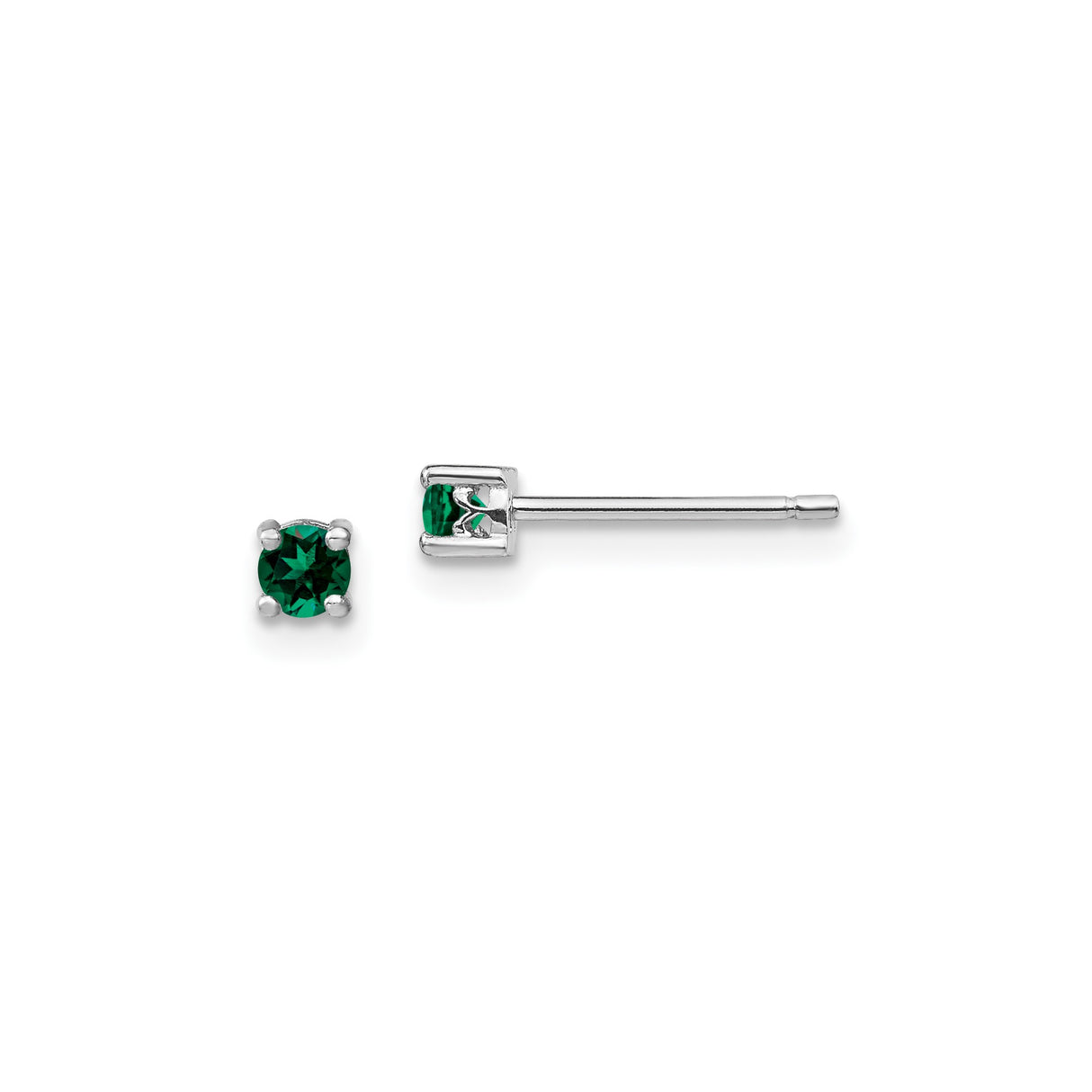 Sterling Silver Stud Earrings with Created Emerald, Round Cut, Four Prong Setting