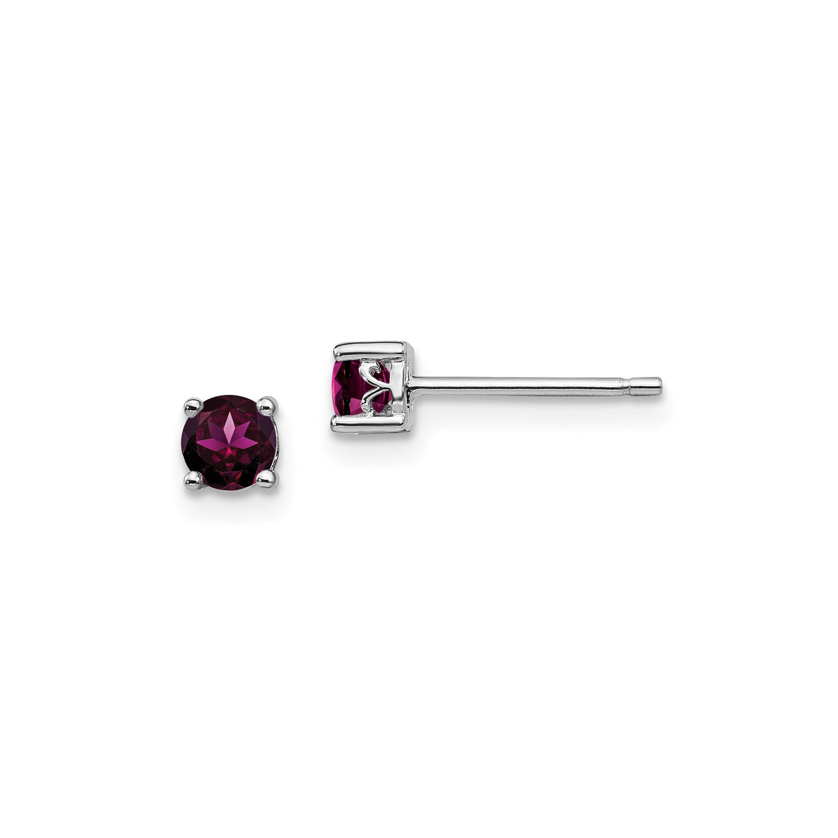 Sterling Silver Stud Earrings with Rhodolite Garnet, Round Cut, Minimalist Design, January Birthstone