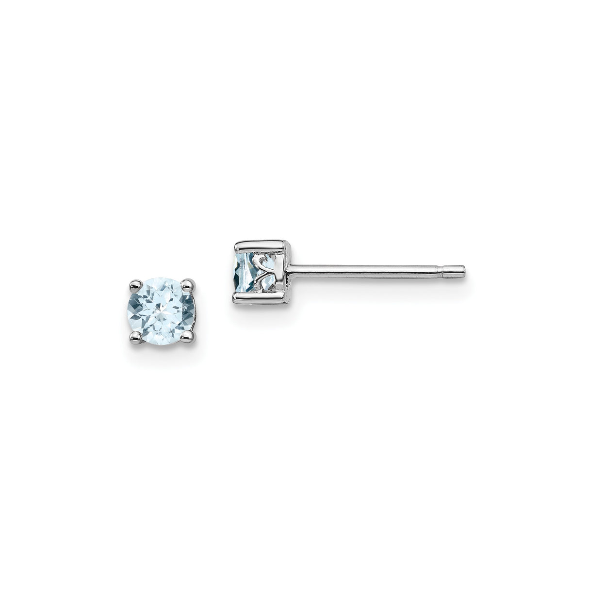 Sterling Silver Stud Earrings with Round Aquamarine in Four Prong Setting