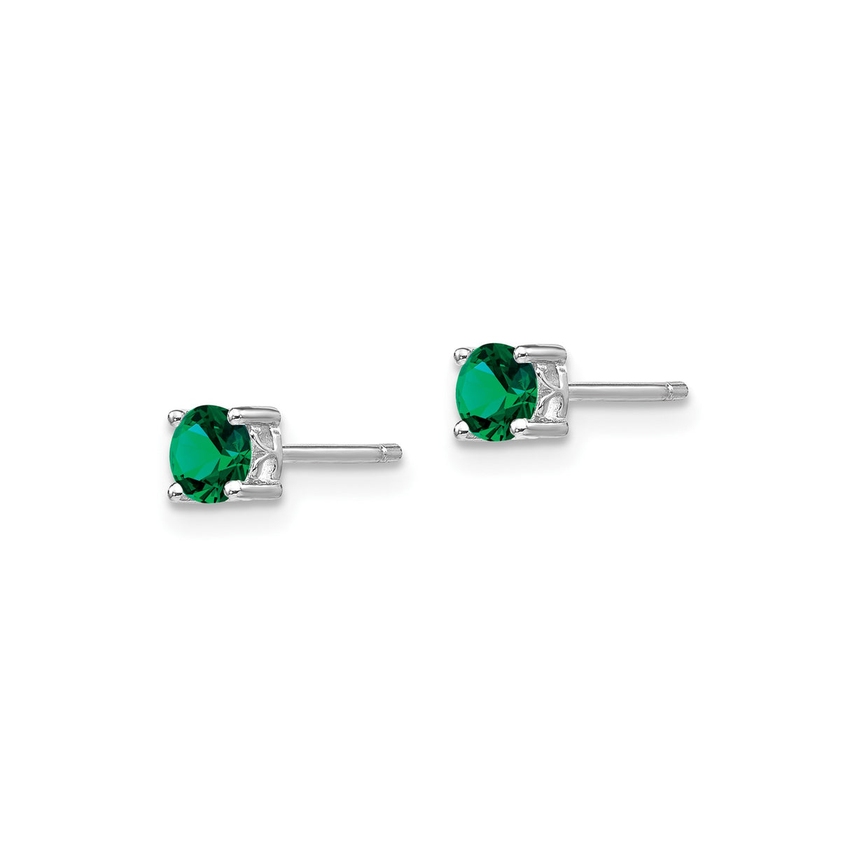 Sterling Silver Stud Earrings with Round Cut Created Emerald, Four Prong Setting, Minimalist Design