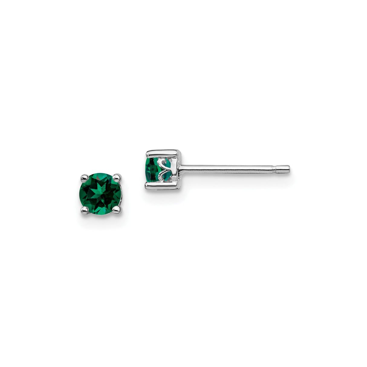 Sterling Silver Stud Earrings with Round Cut Created Emerald, Four Prong Setting, Minimalist Design