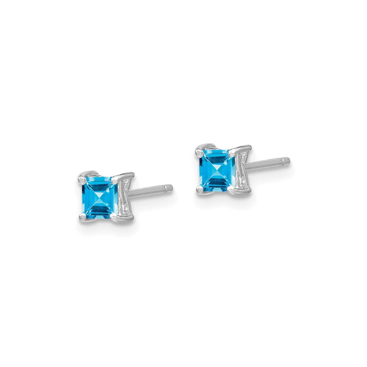 Sterling Silver Stud Earrings with Swiss Blue Topaz, Princess Cut Four Prong Setting
