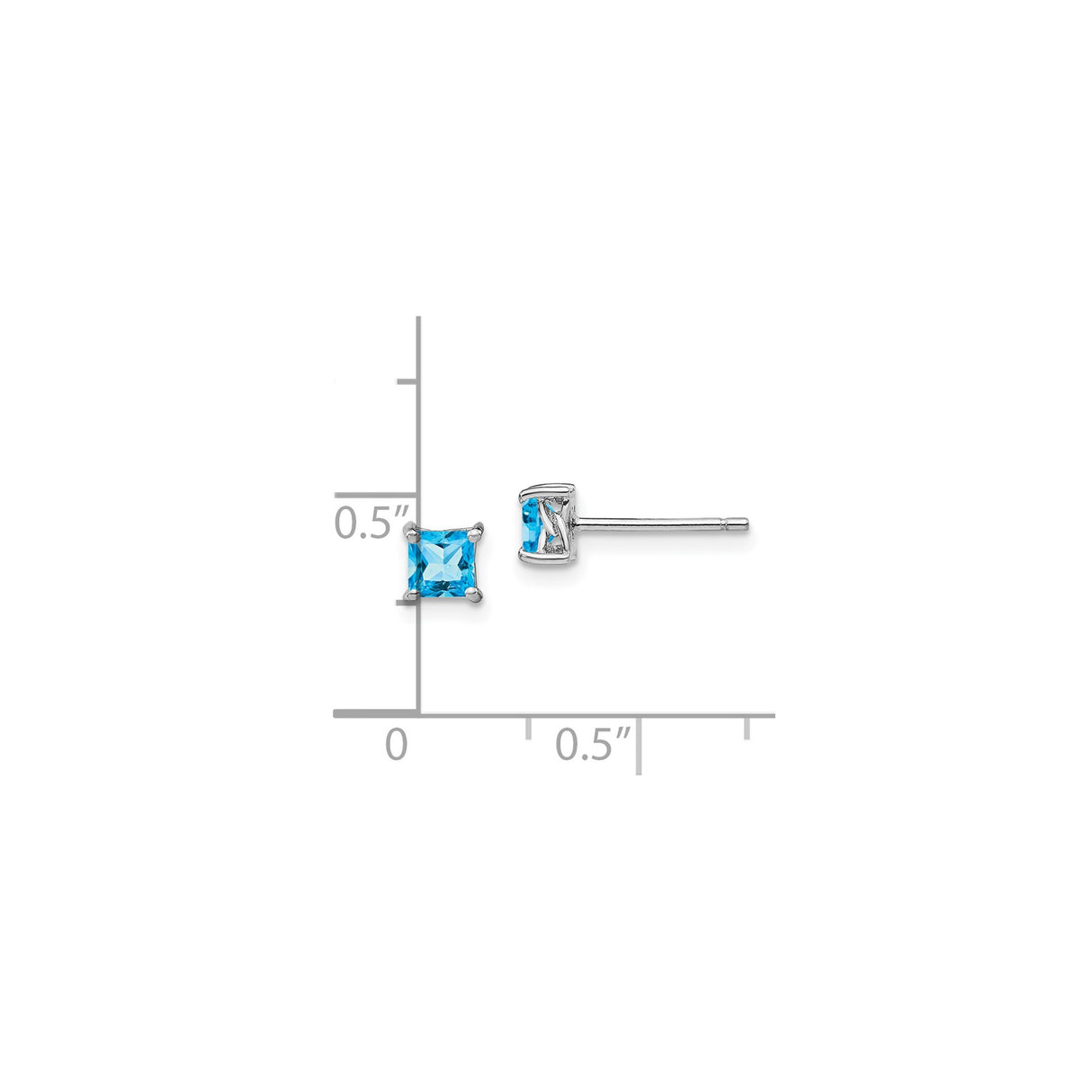 Sterling Silver Stud Earrings with Swiss Blue Topaz, Princess Cut Four Prong Setting