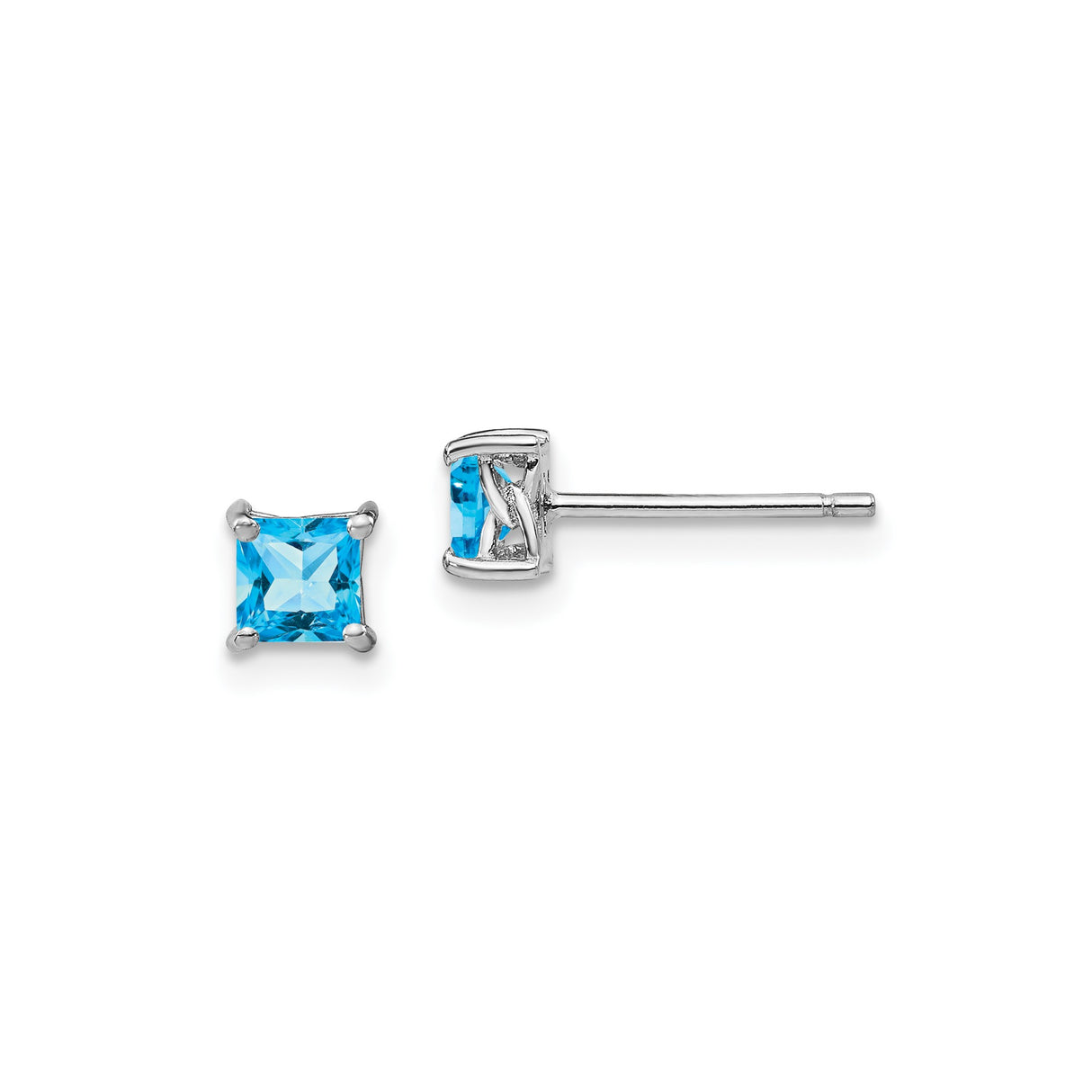 Sterling Silver Stud Earrings with Swiss Blue Topaz, Princess Cut Four Prong Setting