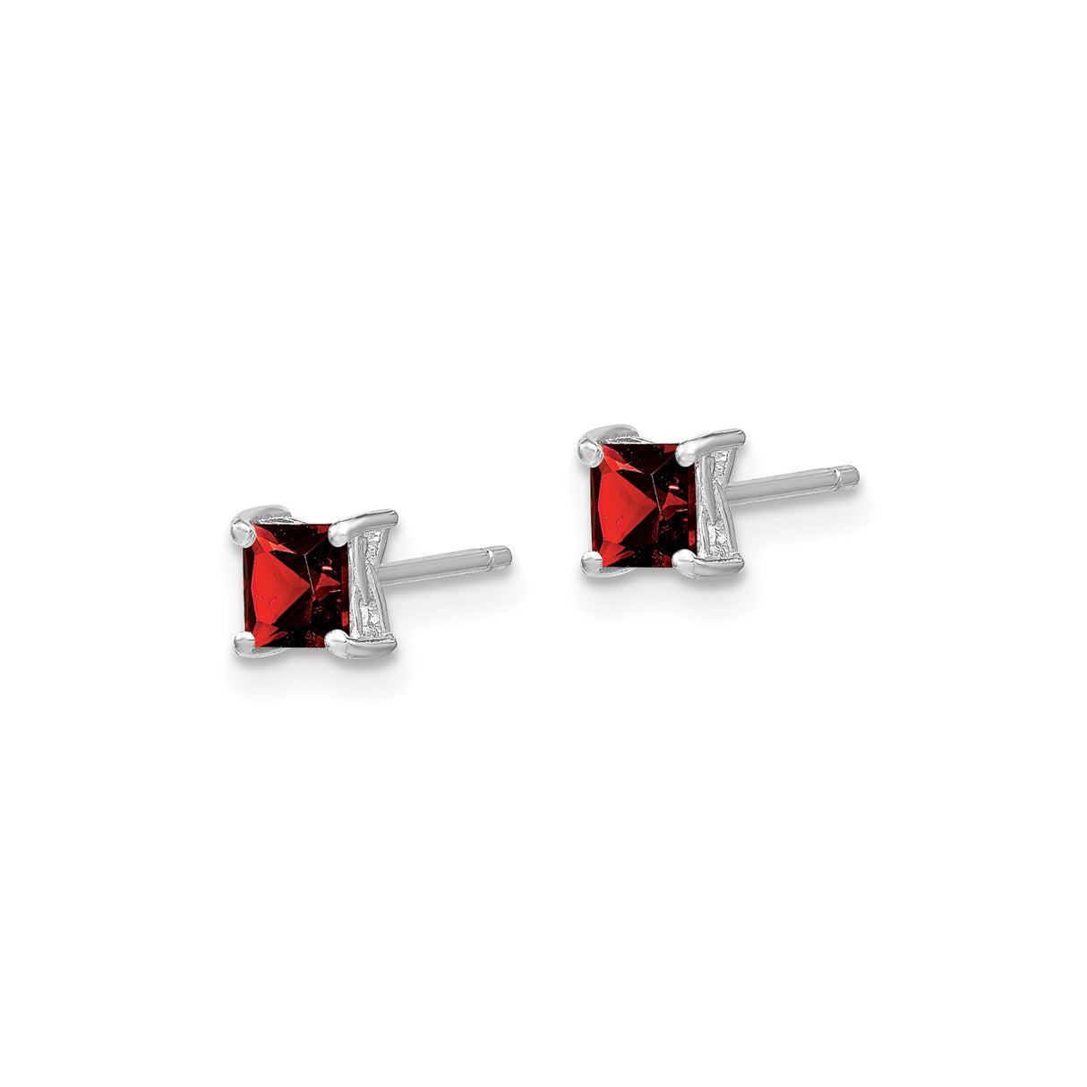 Sterling Silver Stud Earrings with Square Cut Garnet, Classic Four Prong Setting