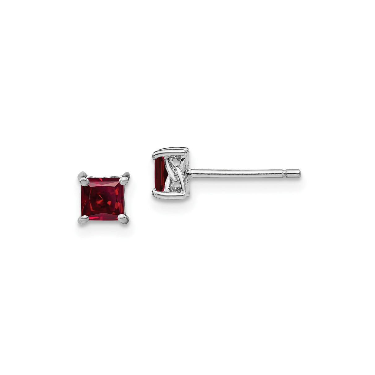 Sterling Silver Stud Earrings with Princess Cut Created Ruby, Square Four Prong Design