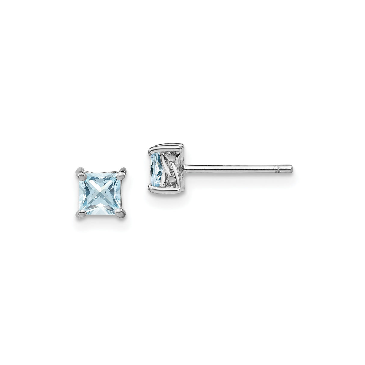 Sterling Silver Stud Earrings with Aquamarine Square Cut Gemstone, Princess Cut Minimalist Style