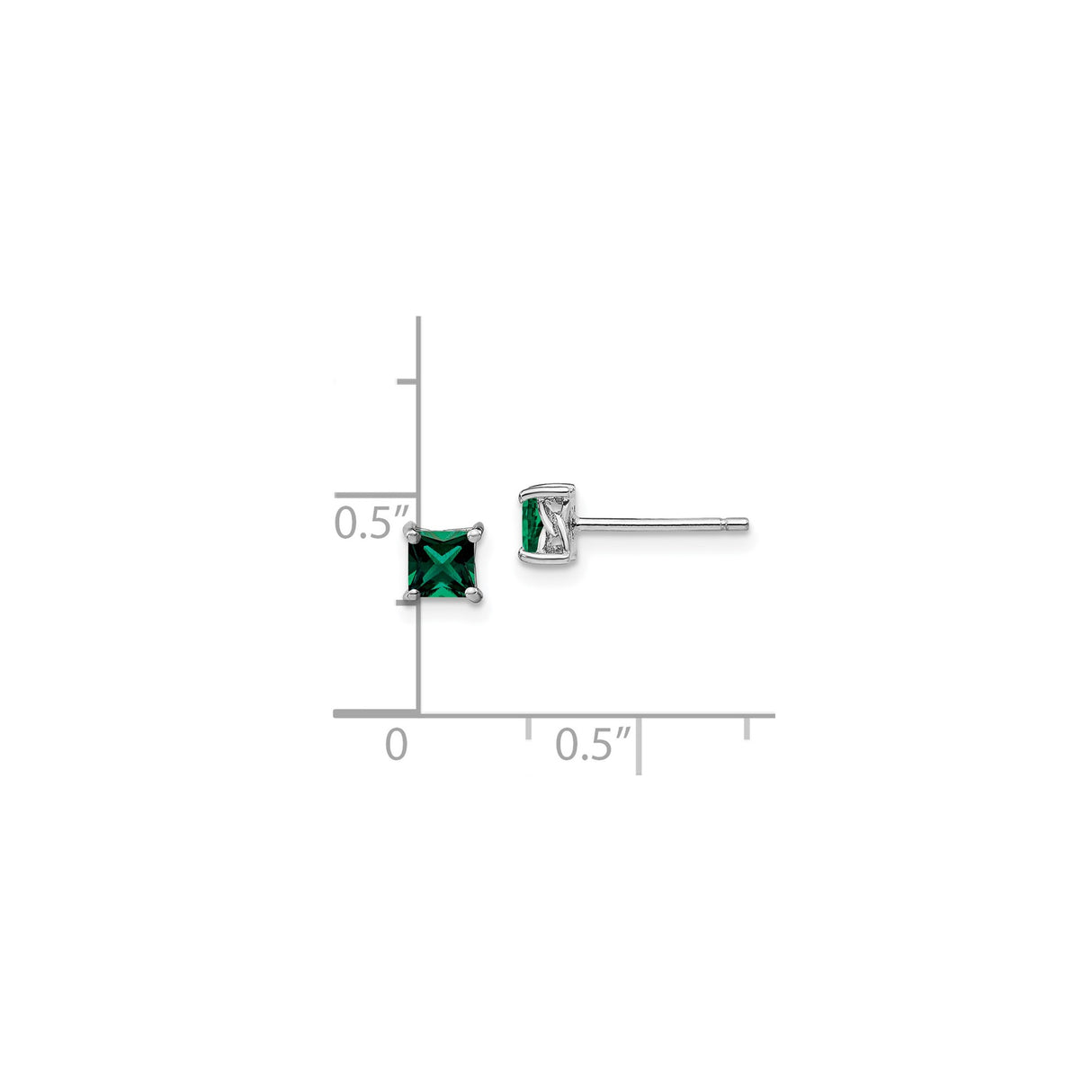 Sterling Silver Stud Earrings with Princess Cut Created Emerald in Four Prong Setting