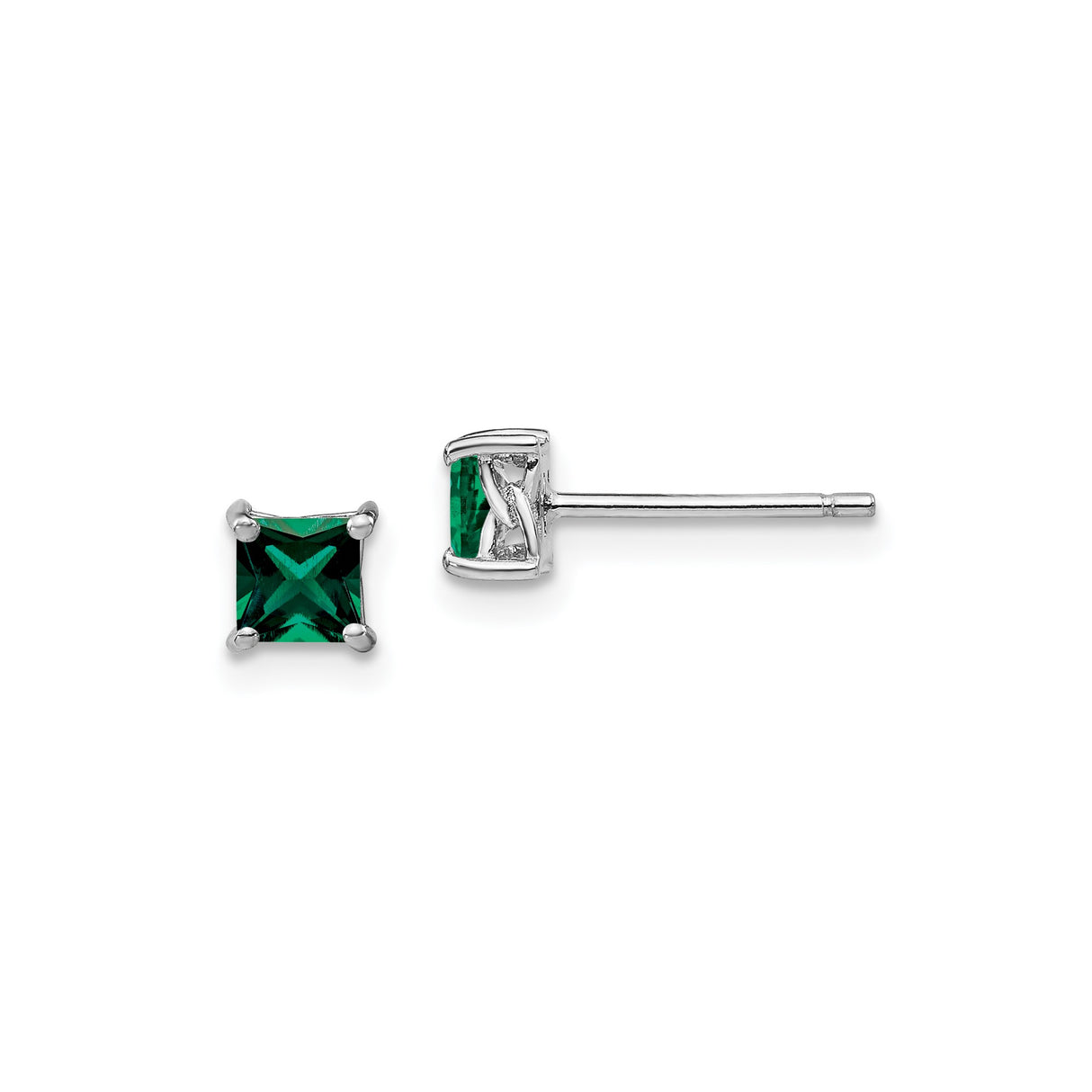Sterling Silver Stud Earrings with Princess Cut Created Emerald in Four Prong Setting