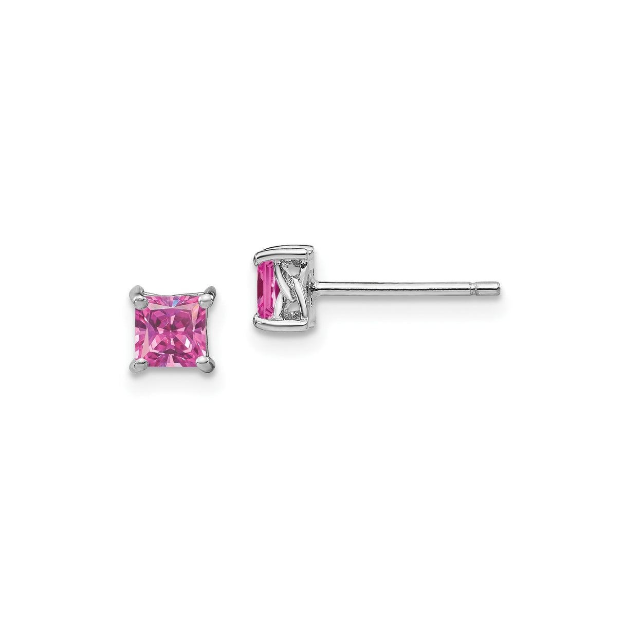 Sterling Silver Stud Earrings with Princess Cut Created Pink Sapphire, Dainty Minimalist Style